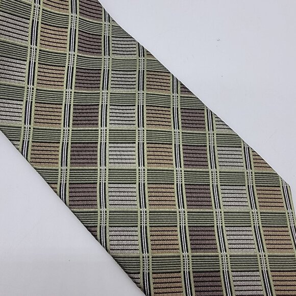 Pronto Uomo 100% Silk Men’s Necktie Browns Greens Tan Geometric Tie Formal NWT - Picture 2 of 5